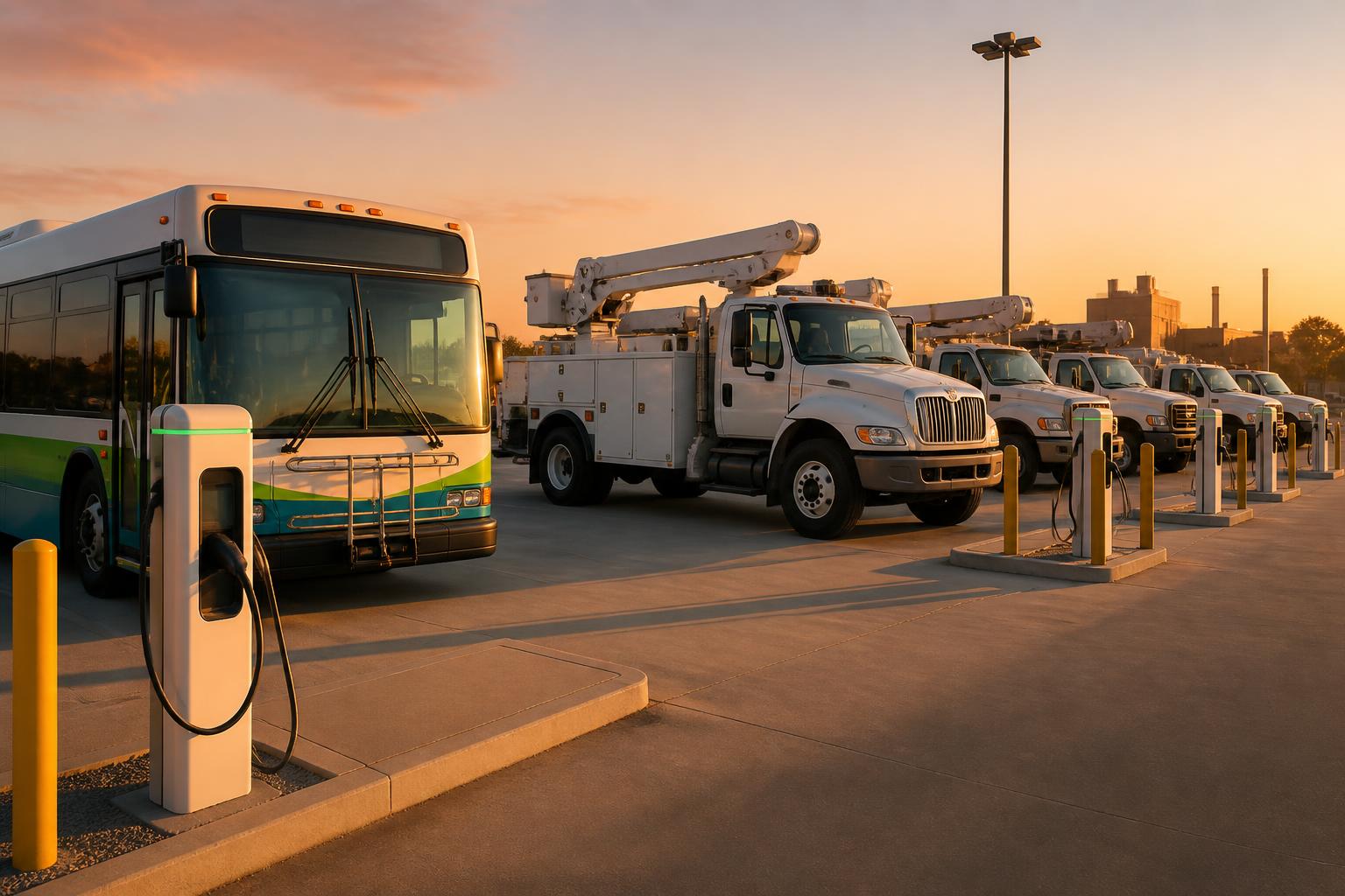 Government fleet vehicles, transit bus, and EV charging infrastructure at a public works facility at dusk